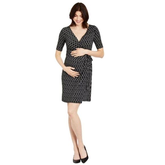 Motherhood Maternity Surplice Faux-Wrap Dress‎ Womens XL Black White Side-Tie - Picture 13 of 15